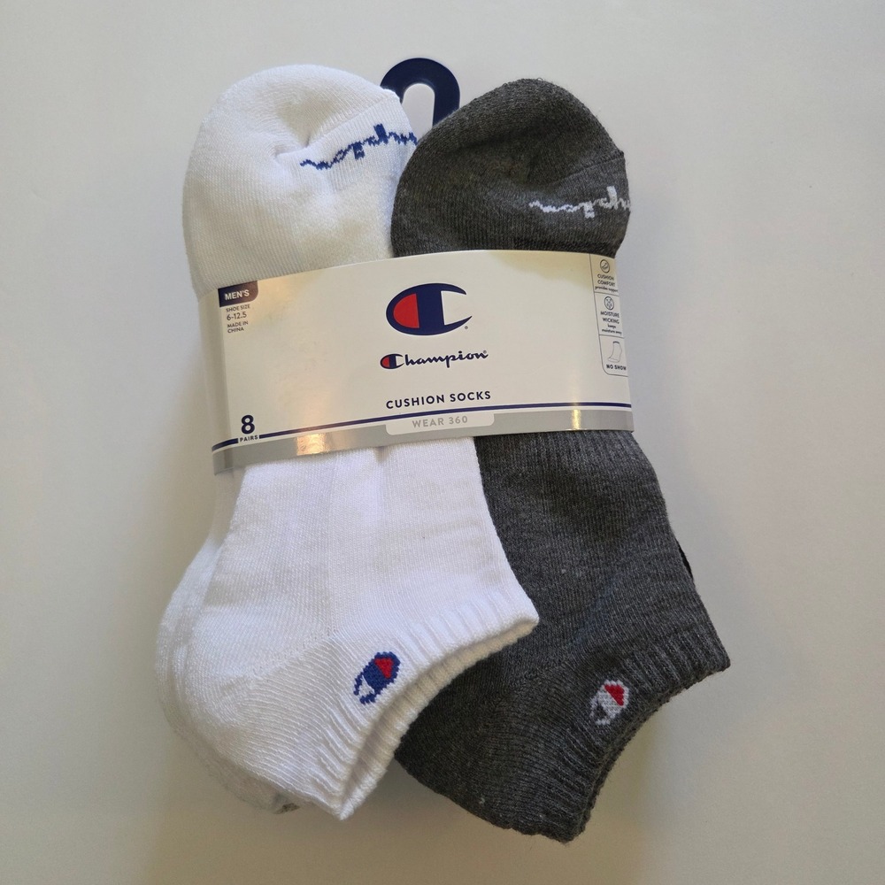 Champion Mens Wear 360 No Show Cushion Socks 8 Pair Pack White Grey Black 6-12.5